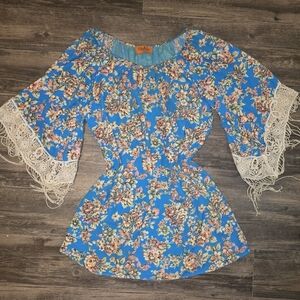 Vintage Voom by Joy Han Blue Floral Lace Fringe Bell Sleeve Mini Dress Size L US